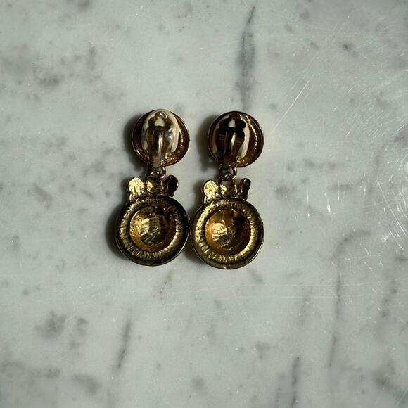 Vintage Gold & Cream Clip-On Statement Earrings – Bold Round Drop Design - Picture 2 of 4